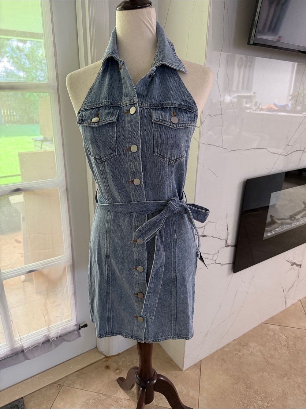 Lulu's Light Blue Denim Halter Button-Front Mini Dress